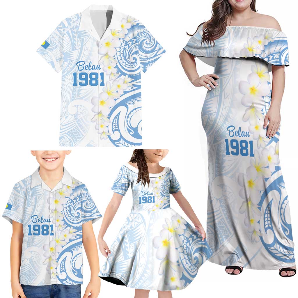 Palau 1981 Tribal Tattoo Family Matching Off Shoulder Maxi Dress and Hawaiian Shirt with Belau Plumeria Flowers