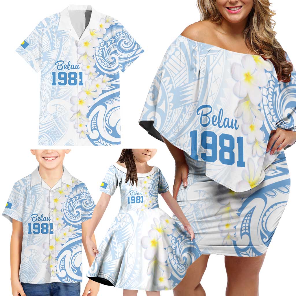 Palau 1981 Tribal Tattoo Family Matching Off Shoulder Short Dress and Hawaiian Shirt with Belau Plumeria Flowers