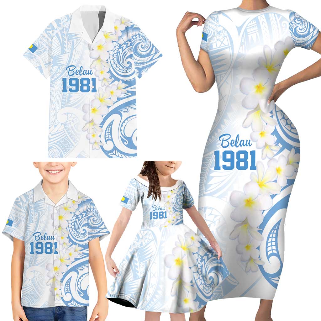 Palau 1981 Tribal Tattoo Family Matching Short Sleeve Bodycon Dress and Hawaiian Shirt with Belau Plumeria Flowers