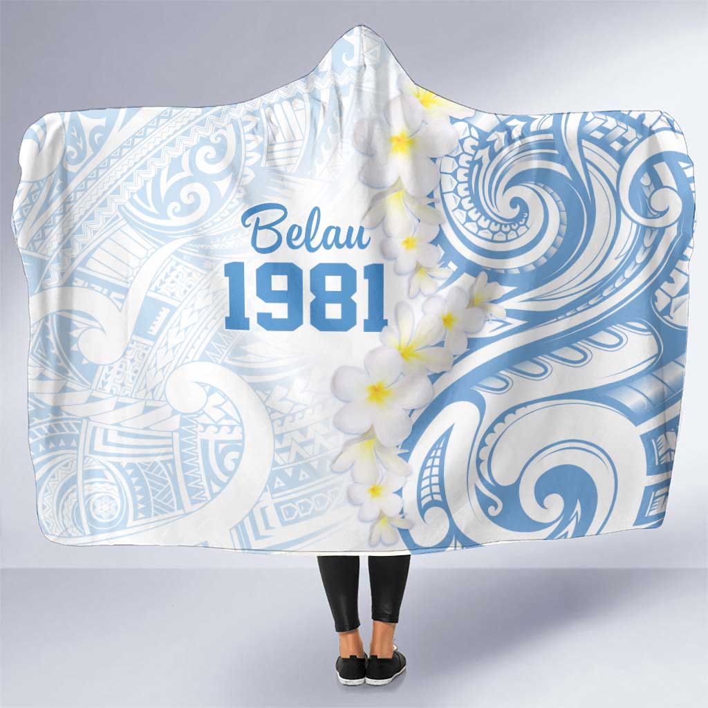 Palau 1981 Tribal Tattoo Hooded Blanket with Belau Plumeria Flowers