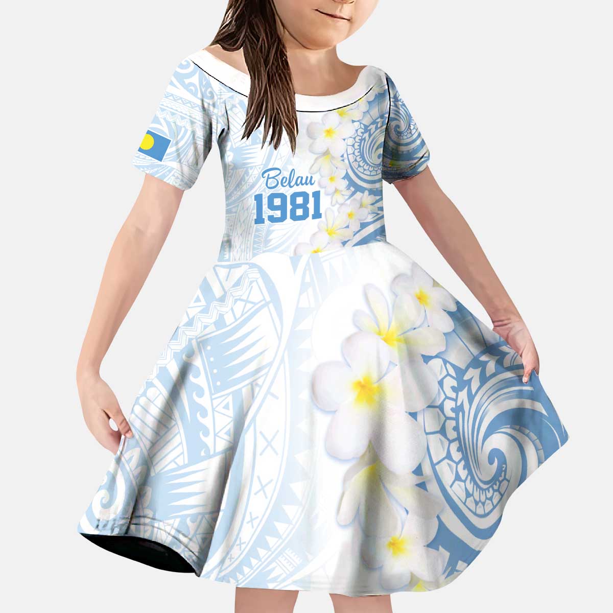 Palau 1981 Tribal Tattoo Kid Short Sleeve Dress with Belau Plumeria Flowers