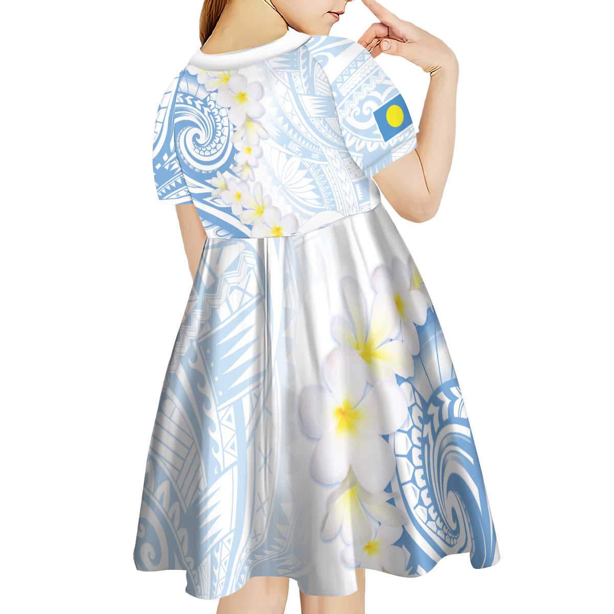 Palau 1981 Tribal Tattoo Kid Short Sleeve Dress with Belau Plumeria Flowers