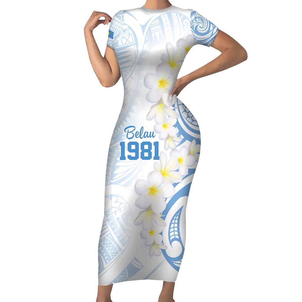 Palau 1981 Tribal Tattoo Short Sleeve Bodycon Dress with Belau Plumeria Flowers