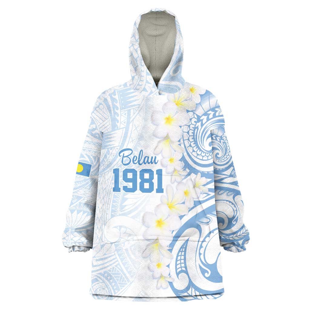 Palau 1981 Tribal Tattoo Wearable Blanket Hoodie with Belau Plumeria Flowers