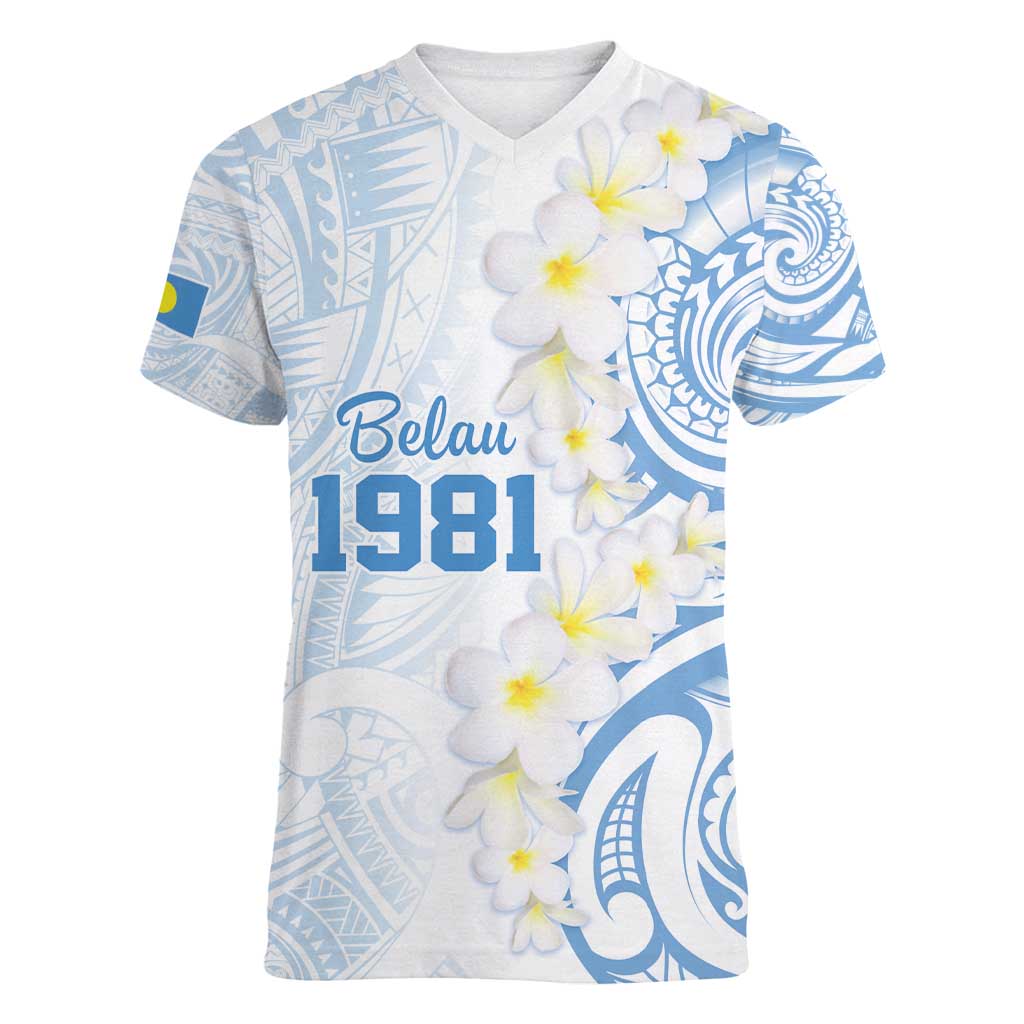 Palau 1981 Tribal Tattoo Women V-Neck T-Shirt with Belau Plumeria Flowers