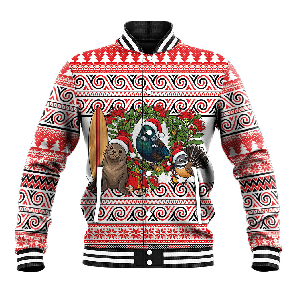 New Zealand Animal Christmas Baseball Jacket Maori Inspired Kowhaiwhai Patterns LT9 Unisex Red - Polynesian Pride