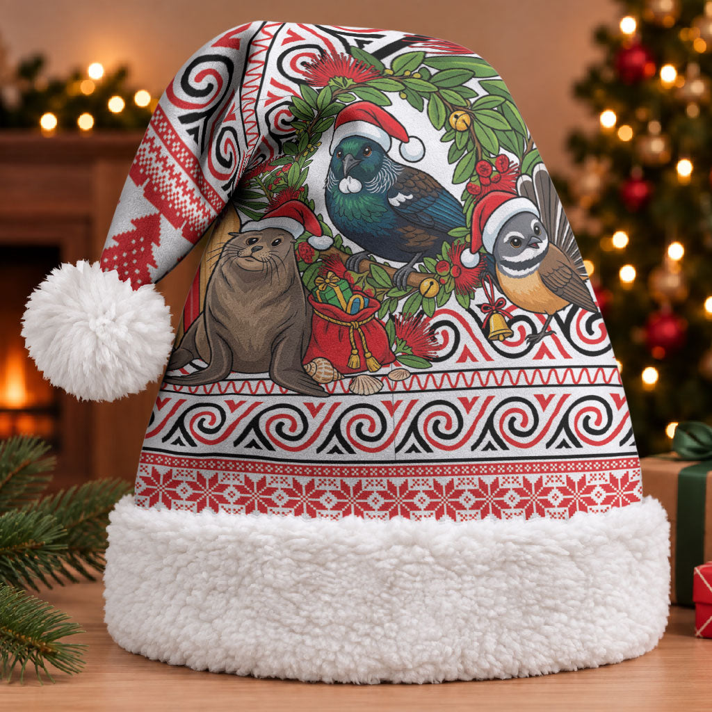 New Zealand Animal Christmas Santa Hat Maori Inspired Kowhaiwhai Patterns LT9 With Fur Red - Polynesian Pride