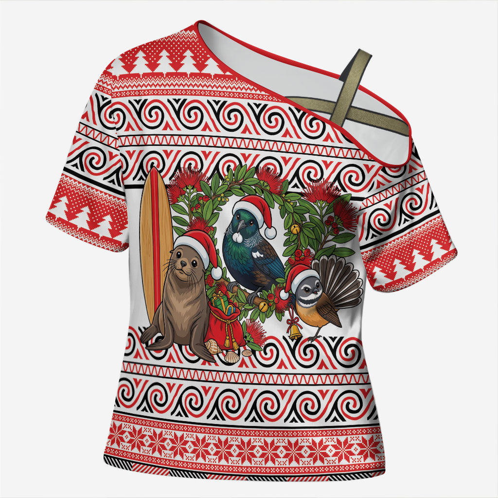New Zealand Animal Christmas Cross Shoulder Shirt Maori Inspired Kowhaiwhai Patterns LT9 Female Red - Polynesian Pride