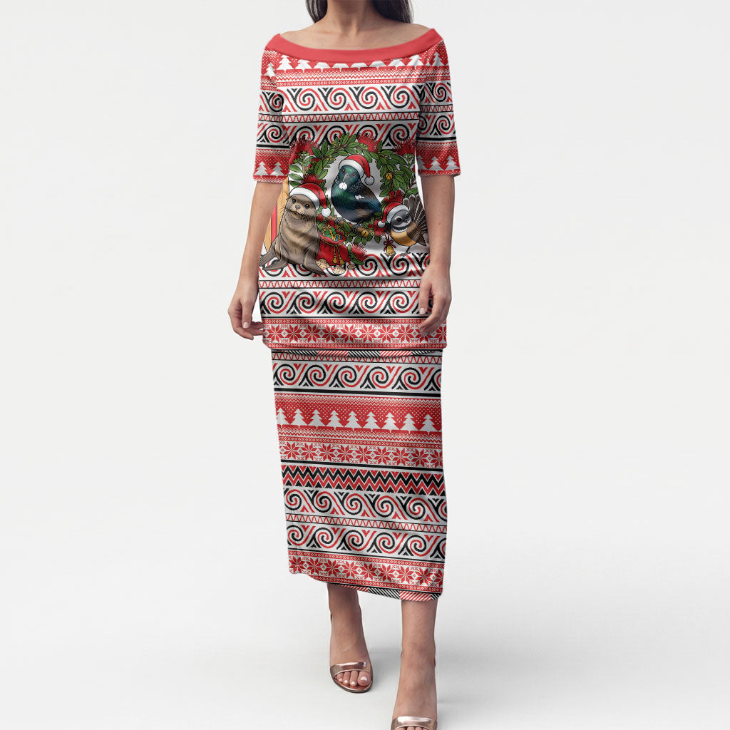New Zealand Animal Christmas Puletasi Maori Inspired Kowhaiwhai Patterns LT9 Long Dress Red - Polynesian Pride