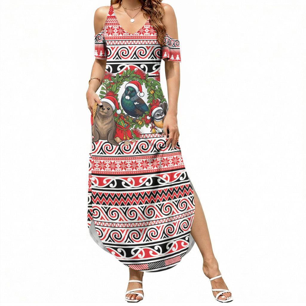 New Zealand Animal Christmas Summer Maxi Dress Maori Inspired Kowhaiwhai Patterns LT9 Women Red - Polynesian Pride