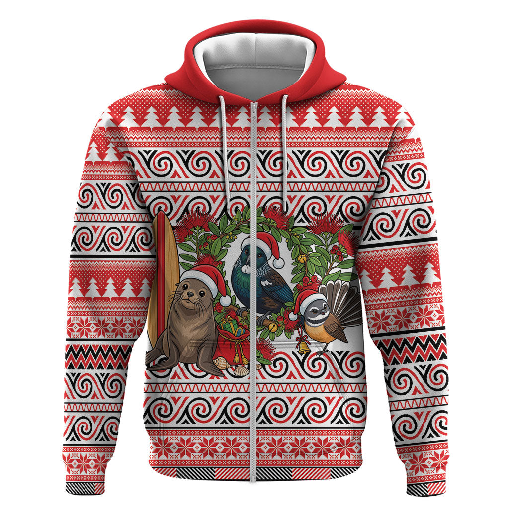 New Zealand Animal Christmas Zip Hoodie Maori Inspired Kowhaiwhai Patterns LT9 Zip Hoodie Red - Polynesian Pride