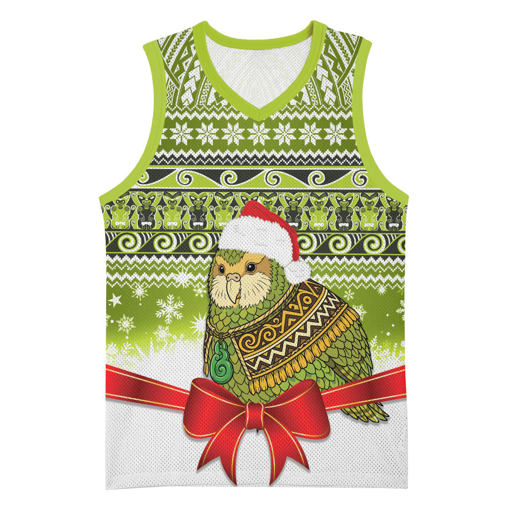 New Zealand Kakapo Christmas Basketball Jersey Maori Inspired Knitted Patterns LT9 Unisex Green - Polynesian Pride