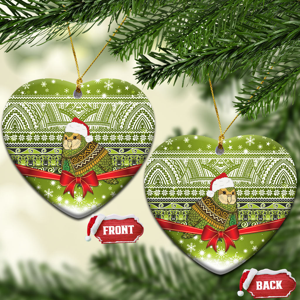 New Zealand Kakapo Christmas Ceramic Ornament Maori Inspired Knitted Patterns LT9 Heart Green - Polynesian Pride