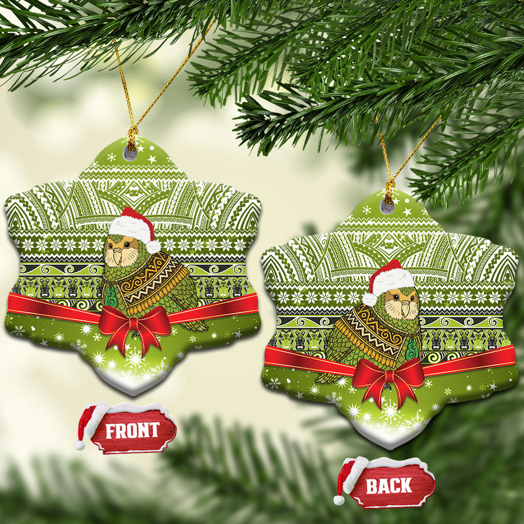 New Zealand Kakapo Christmas Ceramic Ornament Maori Inspired Knitted Patterns LT9 Snow Flake Green - Polynesian Pride