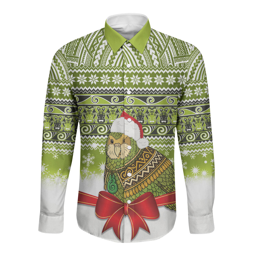 New Zealand Kakapo Christmas Long Sleeve Button Shirt Maori Inspired Knitted Patterns LT9 Unisex Green - Polynesian Pride