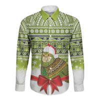 New Zealand Kakapo Christmas Long Sleeve Button Shirt Maori Inspired Knitted Patterns LT9 Unisex Green - Polynesian Pride