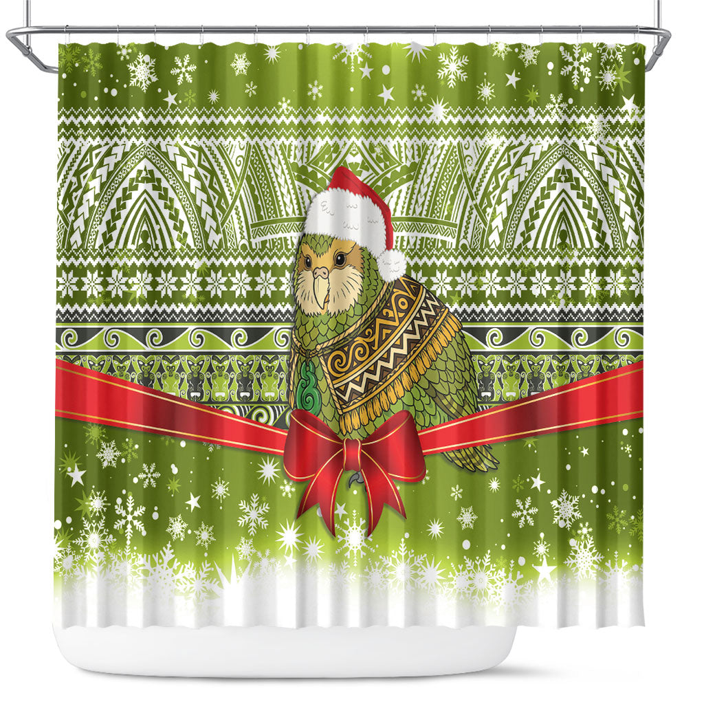 New Zealand Kakapo Christmas Shower Curtain Maori Inspired Knitted Patterns LT9 Green - Polynesian Pride