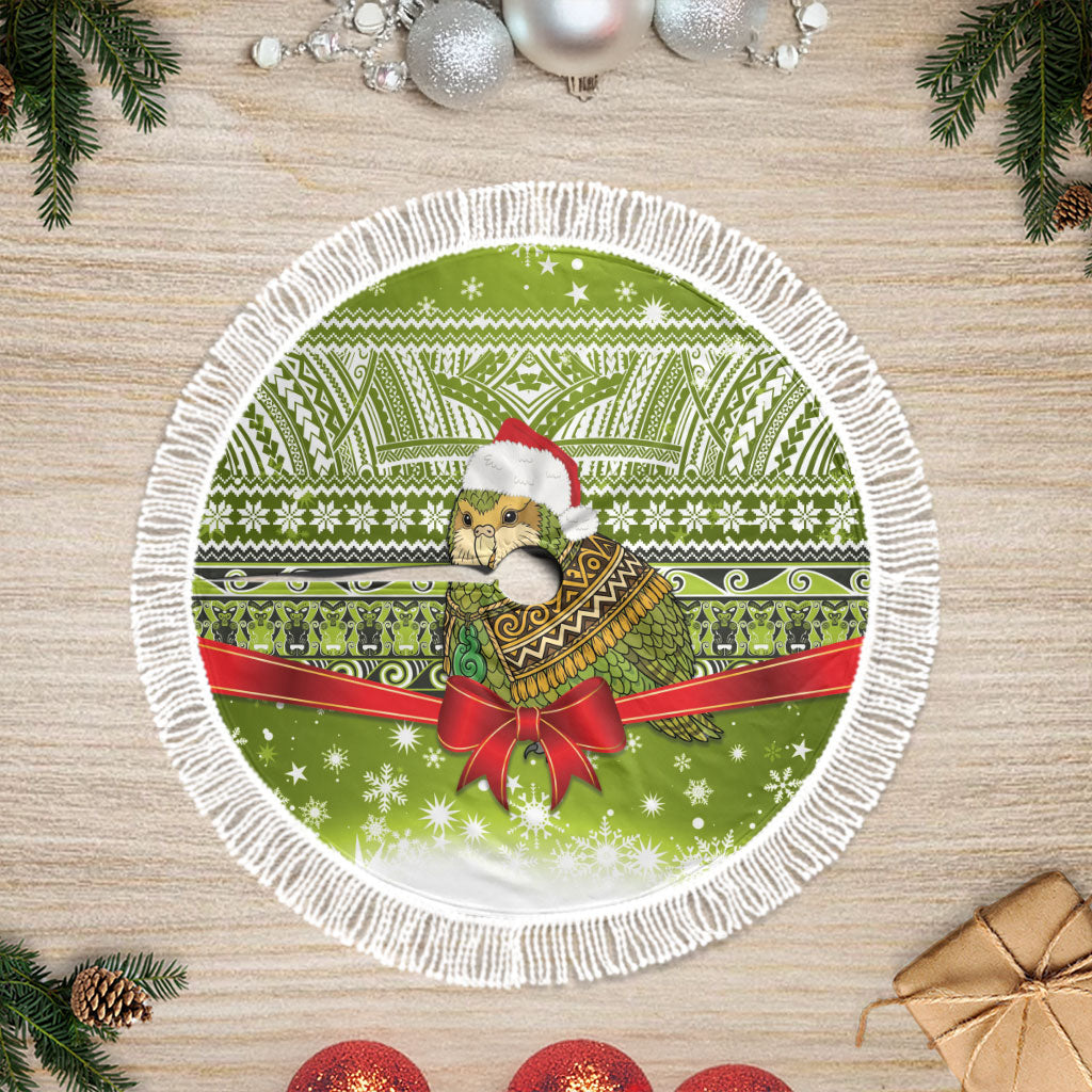 New Zealand Kakapo Christmas Tree Skirt Maori Inspired Knitted Patterns LT9 Fringed Green - Polynesian Pride