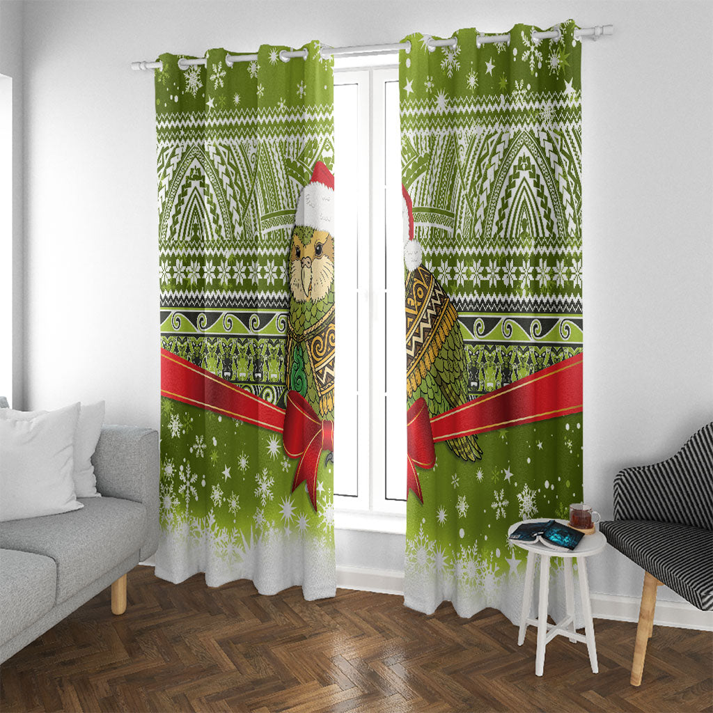 New Zealand Kakapo Christmas Window Curtain Maori Inspired Knitted Patterns LT9 With Grommets Green - Polynesian Pride