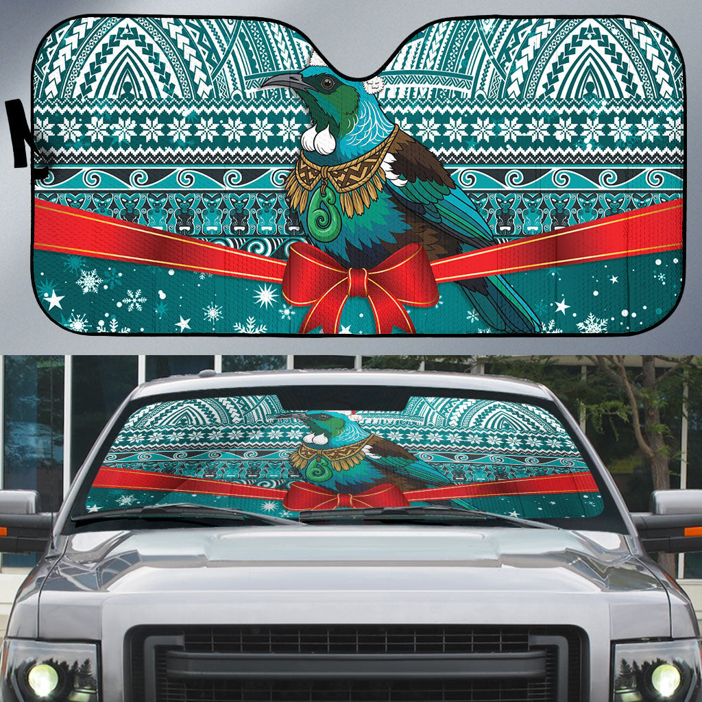 New Zealand Tui Bird Christmas Auto Sun Shade Maori Inspired Knitted Patterns LT9 Turquoise - Polynesian Pride