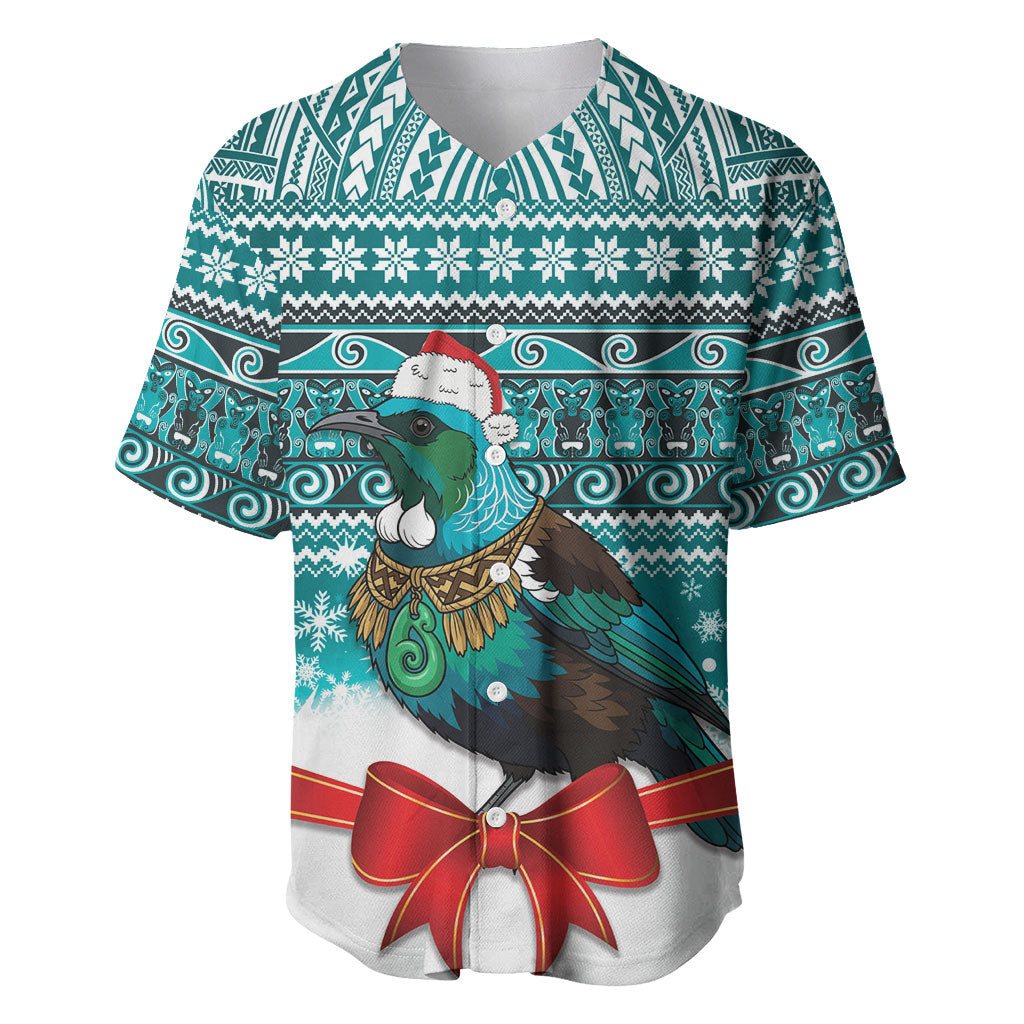 New Zealand Tui Bird Christmas Baseball Jersey Maori Inspired Knitted Patterns LT9 Turquoise - Polynesian Pride