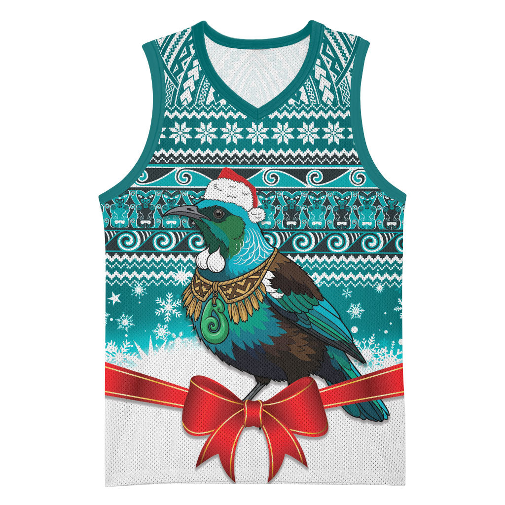 New Zealand Tui Bird Christmas Basketball Jersey Maori Inspired Knitted Patterns LT9 Unisex Turquoise - Polynesian Pride