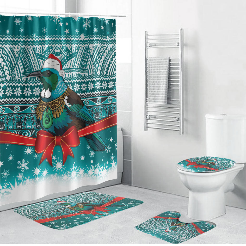 New Zealand Tui Bird Christmas Bathroom Set Maori Inspired Knitted Patterns LT9 Bathroom Set (4 pcs) Turquoise - Polynesian Pride