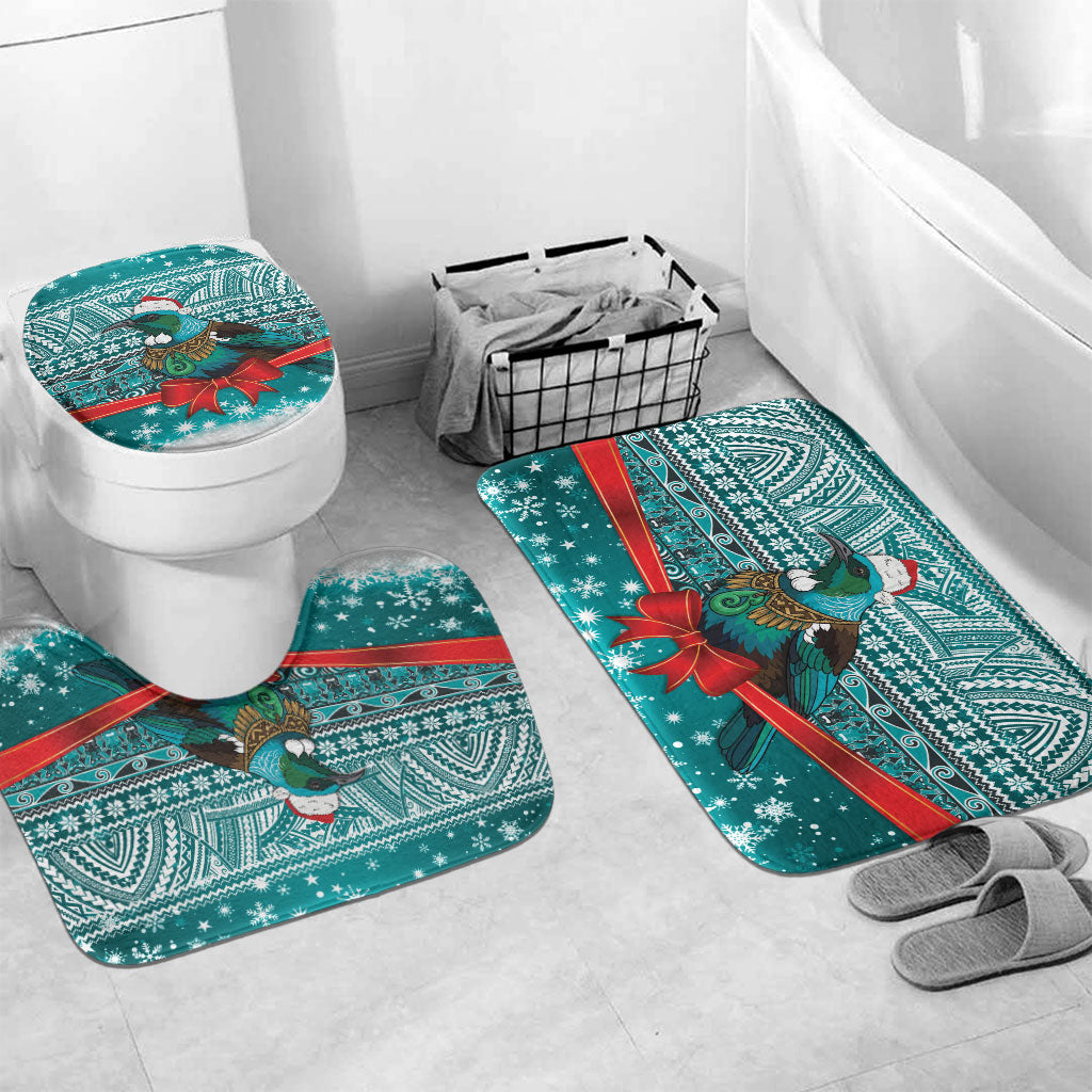 New Zealand Tui Bird Christmas Bathroom Set Maori Inspired Knitted Patterns LT9 Mat Set Only (3 pcs) One Size Turquoise - Polynesian Pride