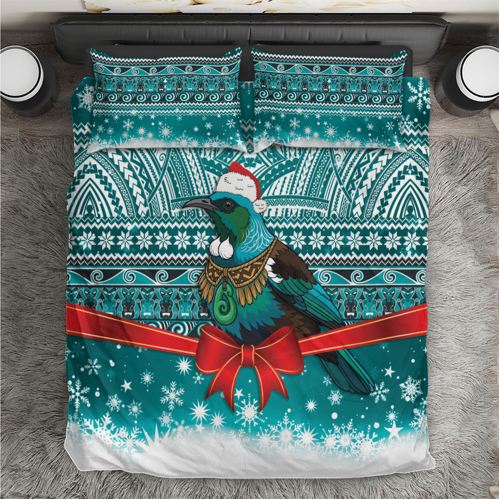 New Zealand Tui Bird Christmas Bedding Set Maori Inspired Knitted Patterns LT9 Turquoise - Polynesian Pride