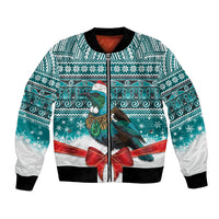 New Zealand Tui Bird Christmas Bomber Jacket Maori Inspired Knitted Patterns LT9 Unisex Turquoise - Polynesian Pride