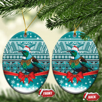 New Zealand Tui Bird Christmas Ceramic Ornament Maori Inspired Knitted Patterns LT9 Oval Turquoise - Polynesian Pride