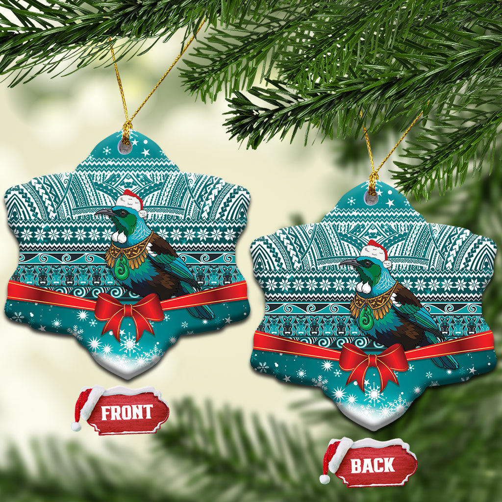 New Zealand Tui Bird Christmas Ceramic Ornament Maori Inspired Knitted Patterns LT9 Snow Flake Turquoise - Polynesian Pride