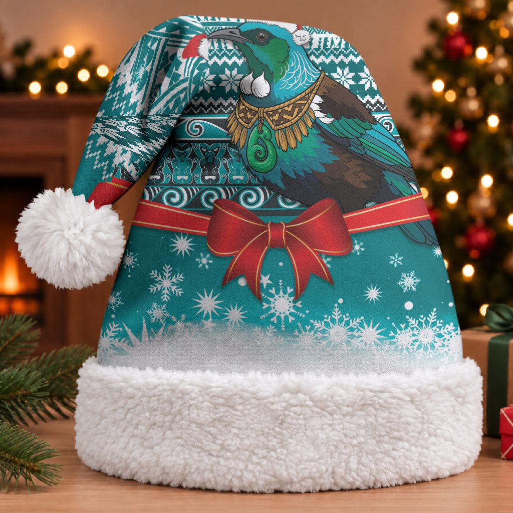 New Zealand Tui Bird Christmas Santa Hat Maori Inspired Knitted Patterns LT9 With Fur Turquoise - Polynesian Pride