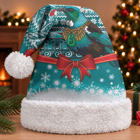 New Zealand Tui Bird Christmas Santa Hat Maori Inspired Knitted Patterns LT9 With Fur Turquoise - Polynesian Pride