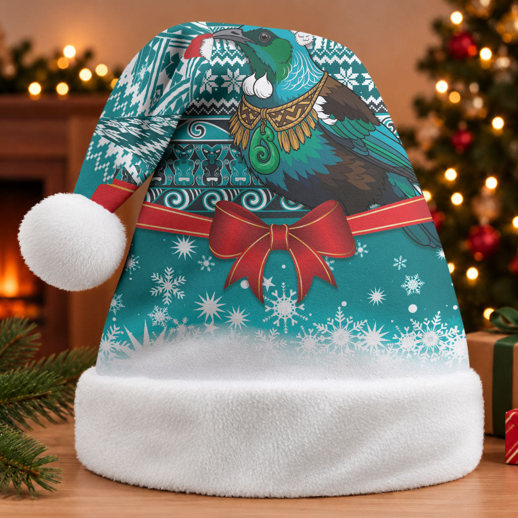 New Zealand Tui Bird Christmas Santa Hat Maori Inspired Knitted Patterns LT9 Without Fur Turquoise - Polynesian Pride