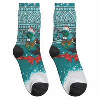 New Zealand Tui Bird Christmas Crew Socks Maori Inspired Knitted Patterns LT9 - Polynesian Pride