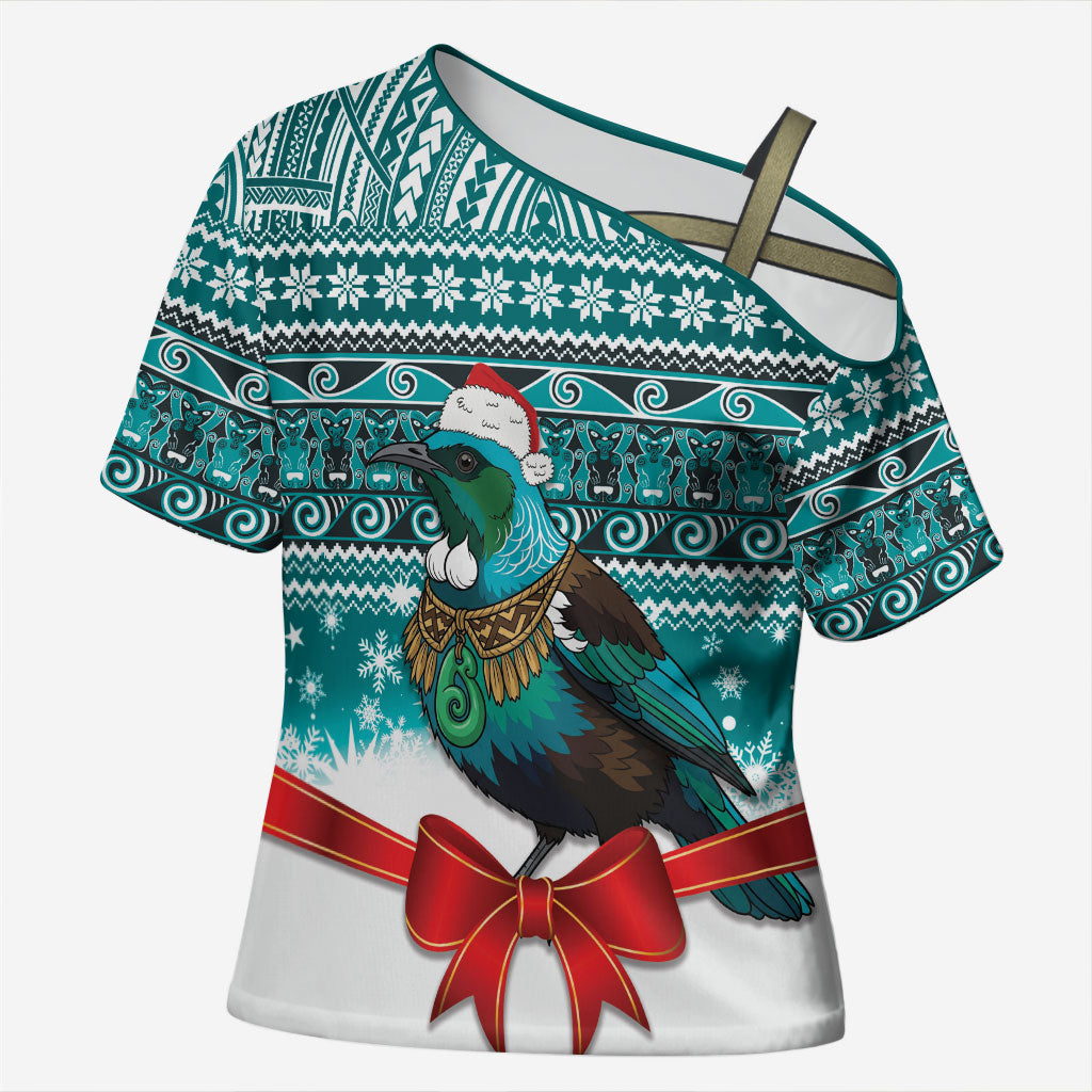 New Zealand Tui Bird Christmas Cross Shoulder Shirt Maori Inspired Knitted Patterns LT9 Female Turquoise - Polynesian Pride
