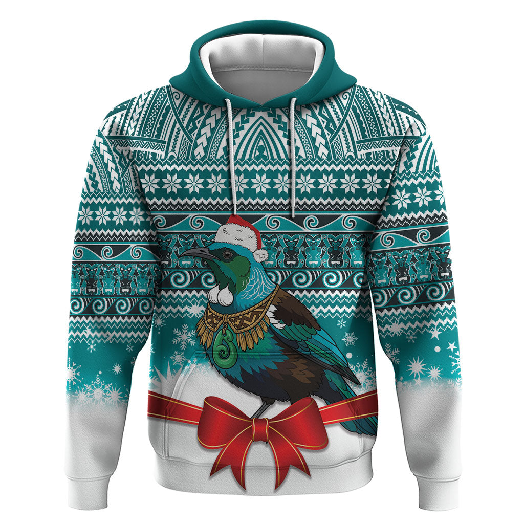 New Zealand Tui Bird Christmas Hoodie Maori Inspired Knitted Patterns LT9 Pullover Hoodie Turquoise - Polynesian Pride