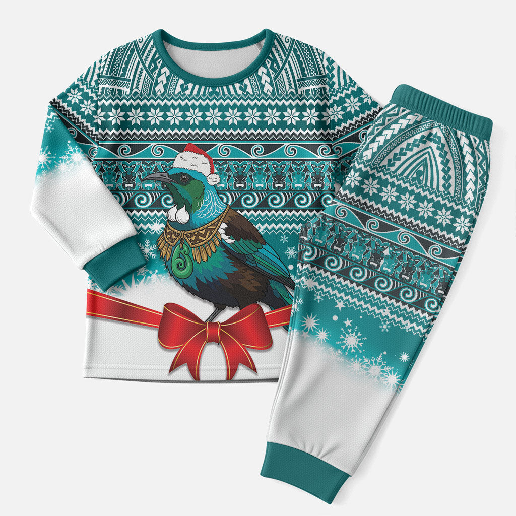 New Zealand Tui Bird Christmas Pajama Set Maori Inspired Knitted Patterns LT9 Men Turquoise - Polynesian Pride