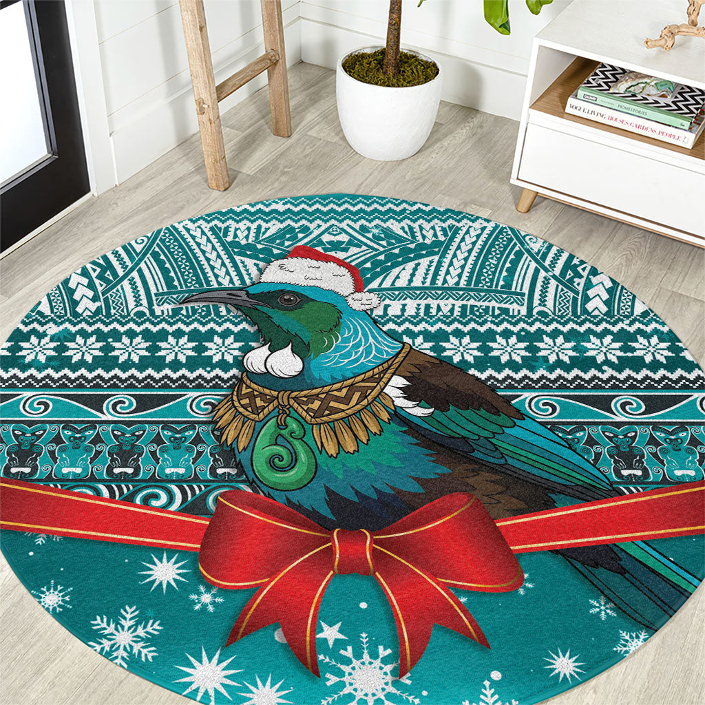 New Zealand Tui Bird Christmas Round Carpet Maori Inspired Knitted Patterns LT9 Turquoise - Polynesian Pride