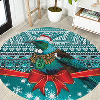 New Zealand Tui Bird Christmas Round Carpet Maori Inspired Knitted Patterns LT9 Turquoise - Polynesian Pride