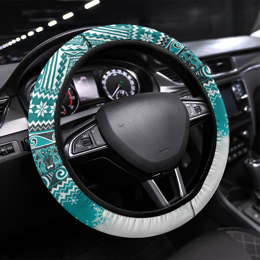 New Zealand Tui Bird Christmas Steering Wheel Cover Maori Inspired Knitted Patterns LT9 Universal Fit Turquoise - Polynesian Pride