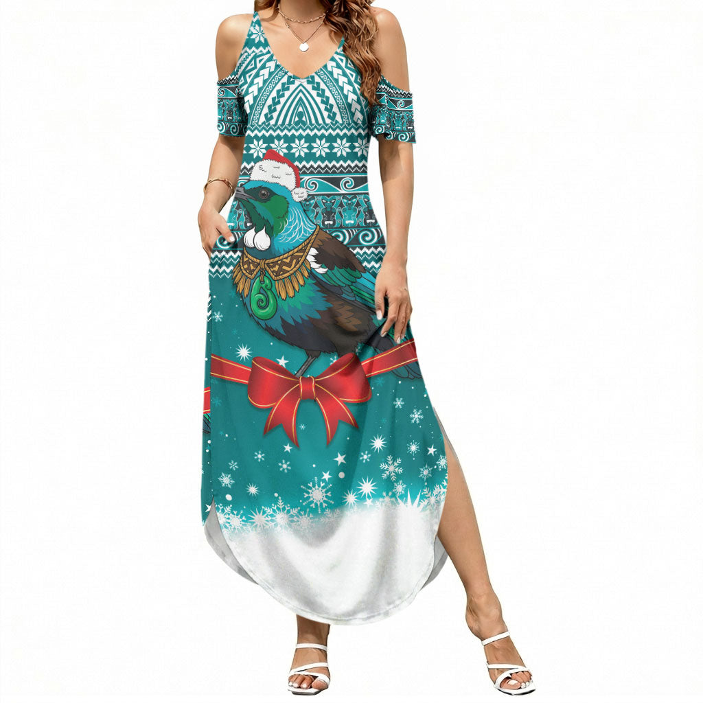 New Zealand Tui Bird Christmas Summer Maxi Dress Maori Inspired Knitted Patterns LT9 Women Turquoise - Polynesian Pride