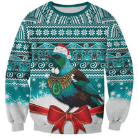 New Zealand Tui Bird Christmas Sweatshirt Maori Inspired Knitted Patterns LT9 Unisex Turquoise - Polynesian Pride