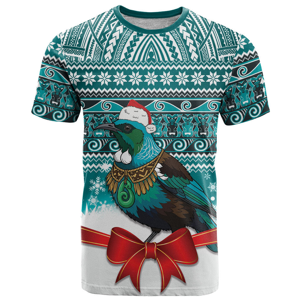 New Zealand Tui Bird Christmas T Shirt Maori Inspired Knitted Patterns LT9 Turquoise - Polynesian Pride