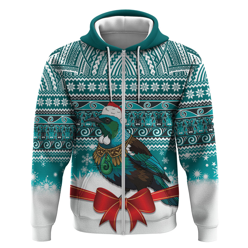 New Zealand Tui Bird Christmas Zip Hoodie Maori Inspired Knitted Patterns LT9 Zip Hoodie Turquoise - Polynesian Pride