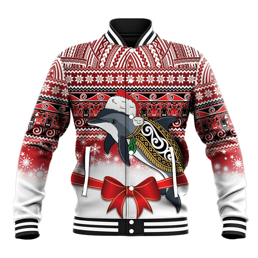 New Zealand Dolphin Terehu Christmas Baseball Jacket Maori Inspired Knitted Patterns LT9 Unisex Red - Polynesian Pride