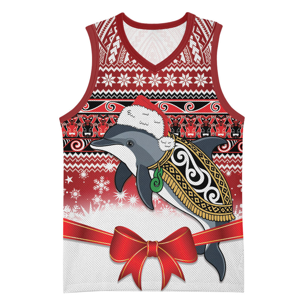 New Zealand Dolphin Terehu Christmas Basketball Jersey Maori Inspired Knitted Patterns LT9 Unisex Red - Polynesian Pride
