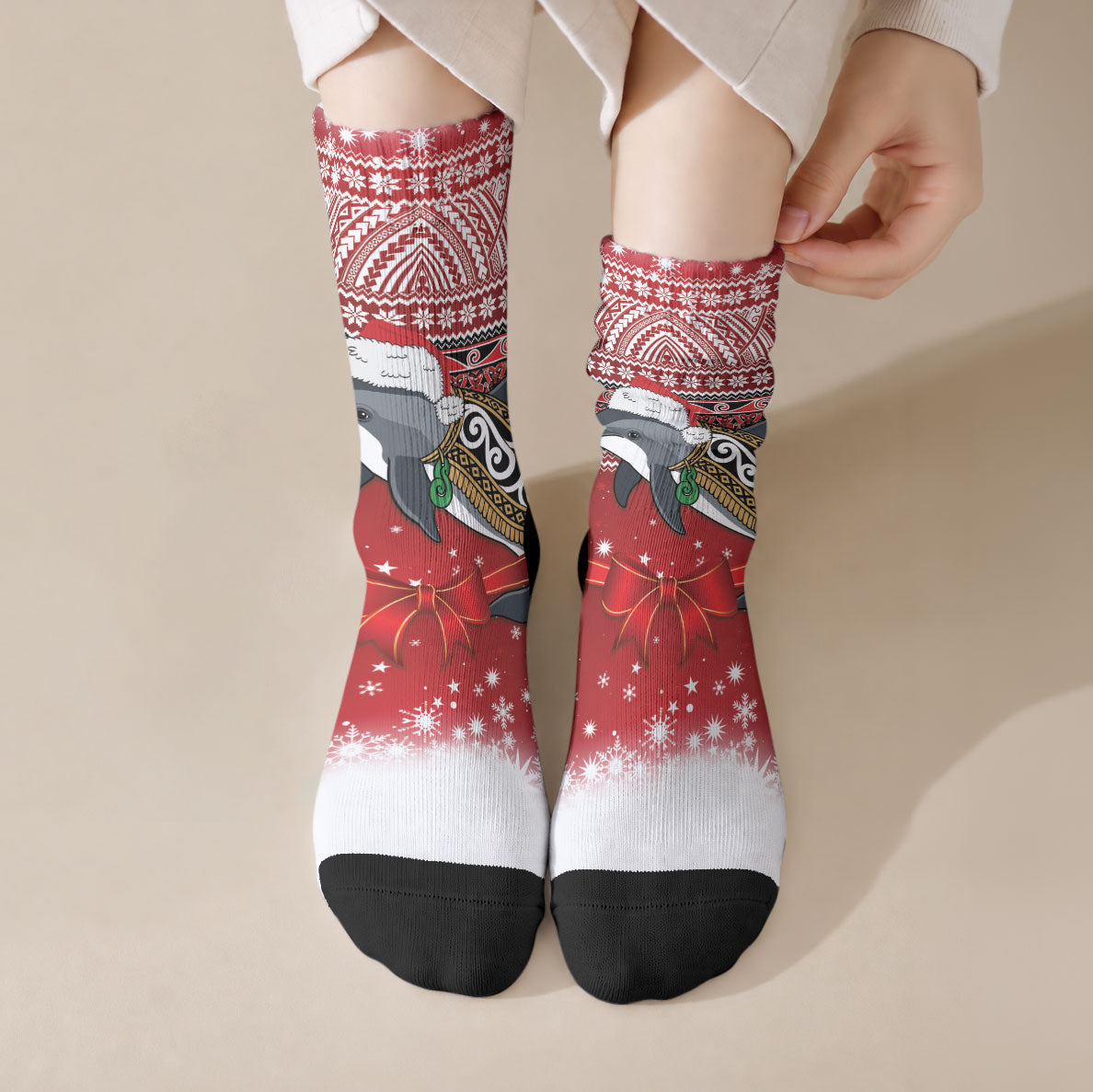 New Zealand Dolphin Terehu Christmas Crew Socks Maori Inspired Knitted Patterns LT9 Crew Socks Red - Polynesian Pride