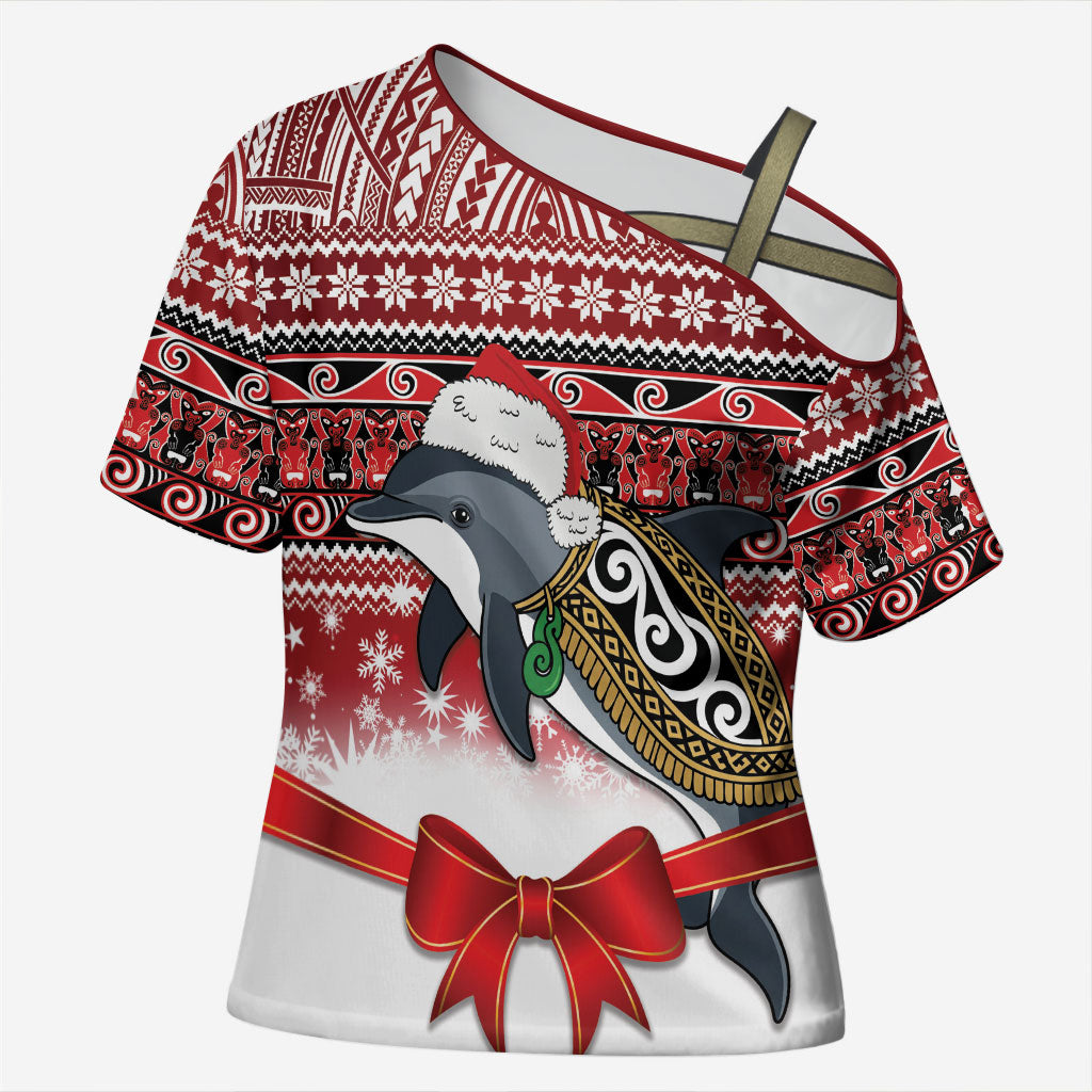 New Zealand Dolphin Terehu Christmas Cross Shoulder Shirt Maori Inspired Knitted Patterns LT9 Female Red - Polynesian Pride